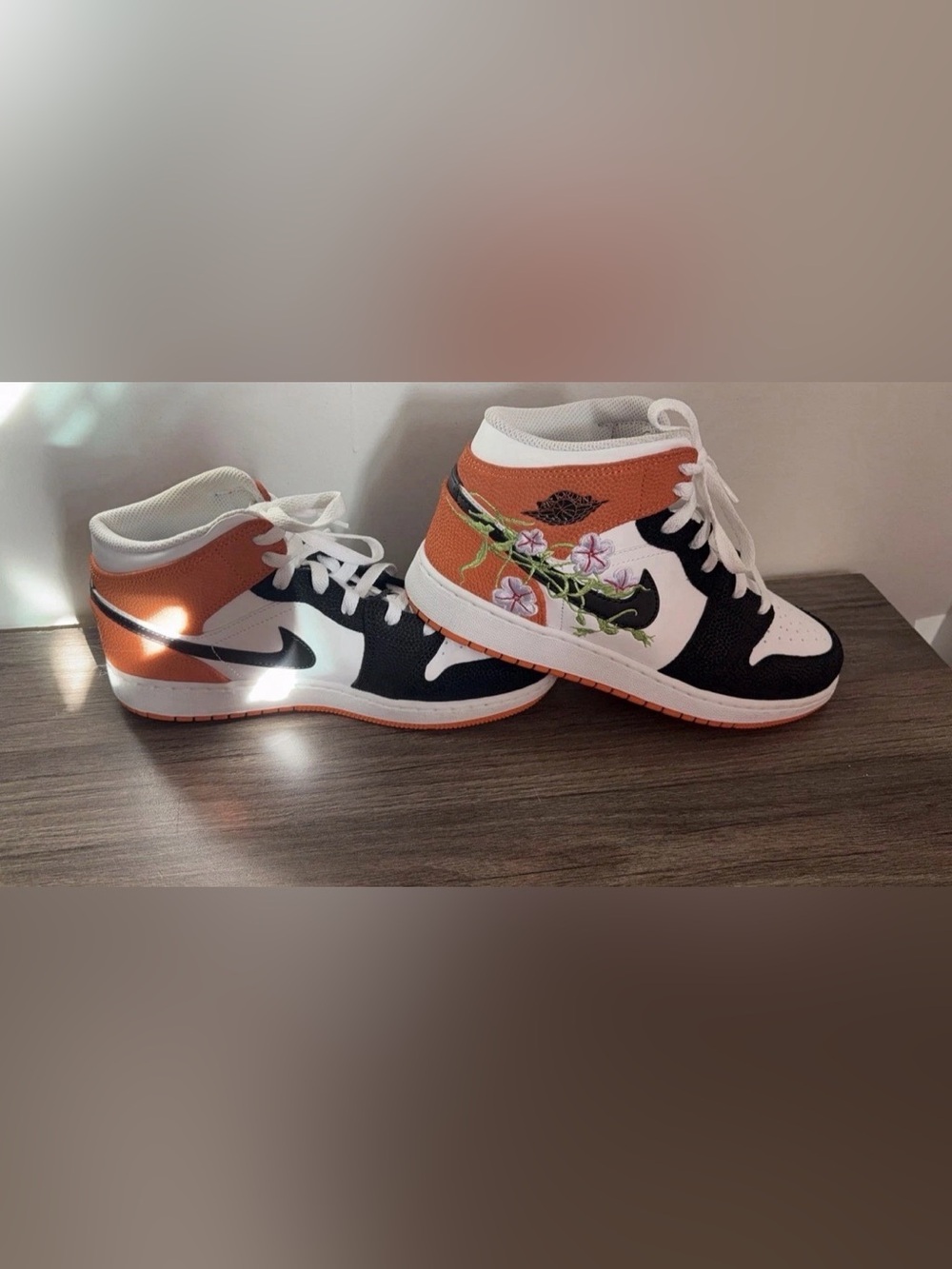 Kids Orange & Black High-Top Sneakers with Floral Embroidery